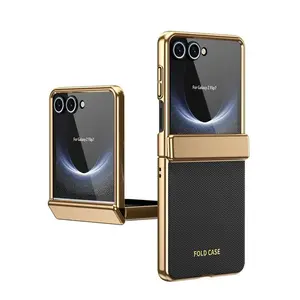 Luxury Leather Electroplated Frame Hinge Protect Case For Samsung Galaxy Z Flip 7 6 5 4 3 5G Screen Protect Film Shockproof Case