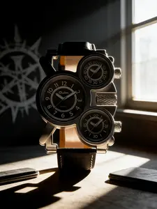 Men's Multi-Timezone Watch Silver Color Dial Crocodile Leather Strap, Quartz Analog Round Face, Fashion Style, All Seasons