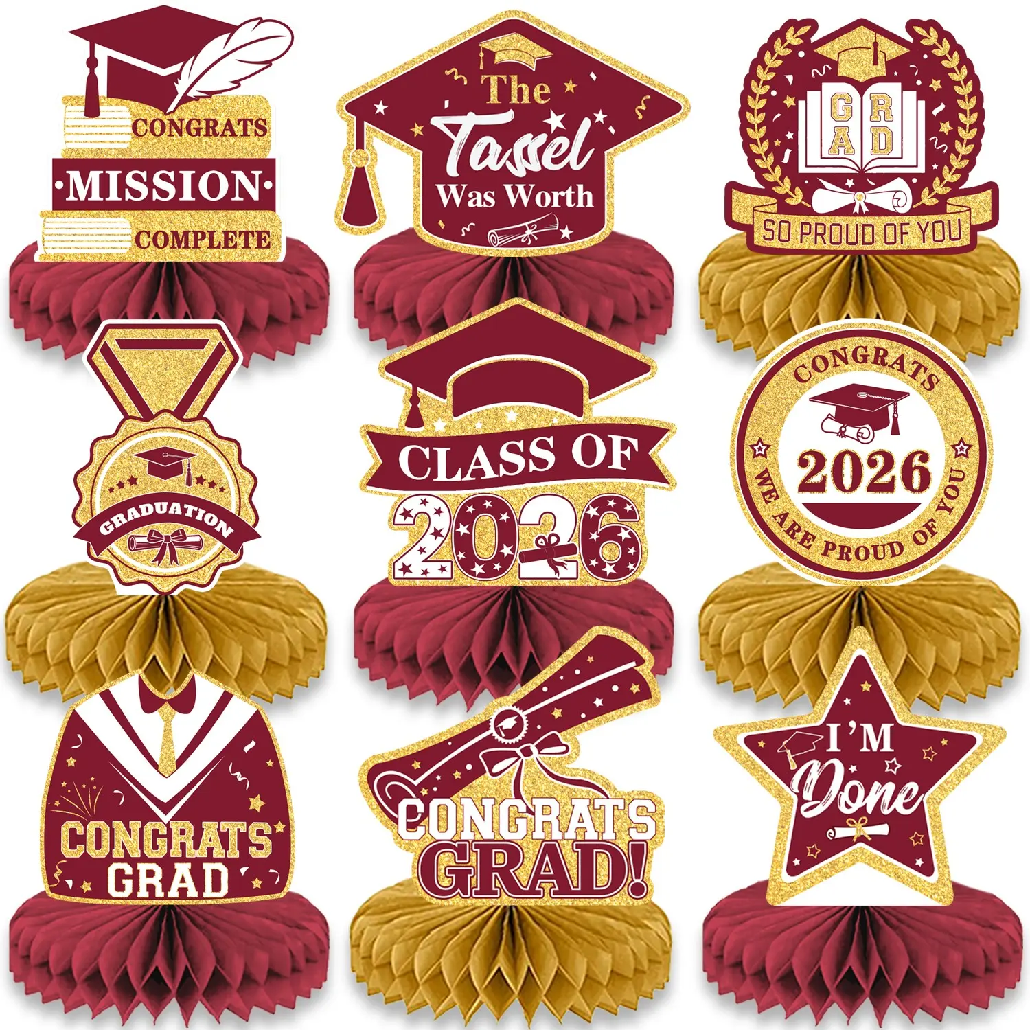 9PCS Black and Red Graduation Party Decorations Class of 2026 Congrats Grad Honeycomb Centerpieces Black Congratulate Table Toppers for Party Favor Supplies Grad Party Favors Graduation Party Set