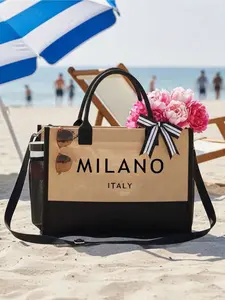 Women's beach theme handbag set, featuring an artistic "Milanese" logo and coconut tree pattern. Shopping bag, very fashionable