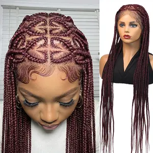 Synthetic Box Braiding Hair Wigs Burgundy Full Lace Cornrow Box Braids Wig 36 inches Colored Cherry Cola Braiding Wig Bohemian Knotless Box Braided Wig