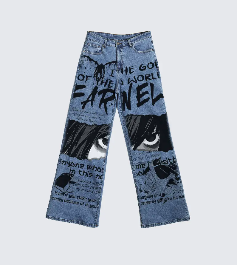 Wide Leg Anime Manga Print Jeans, DGT Direct To Garment Full Print, Unisex 100% Cotton Baggy Flare Denim Pants