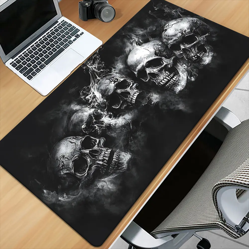 Black Skull Smoke Design Mouse Pad - Durable rubber desktop mat, ideal for gaming, office, and PC/laptop use. It features a smooth surface for precise mouse control and is easy to clean