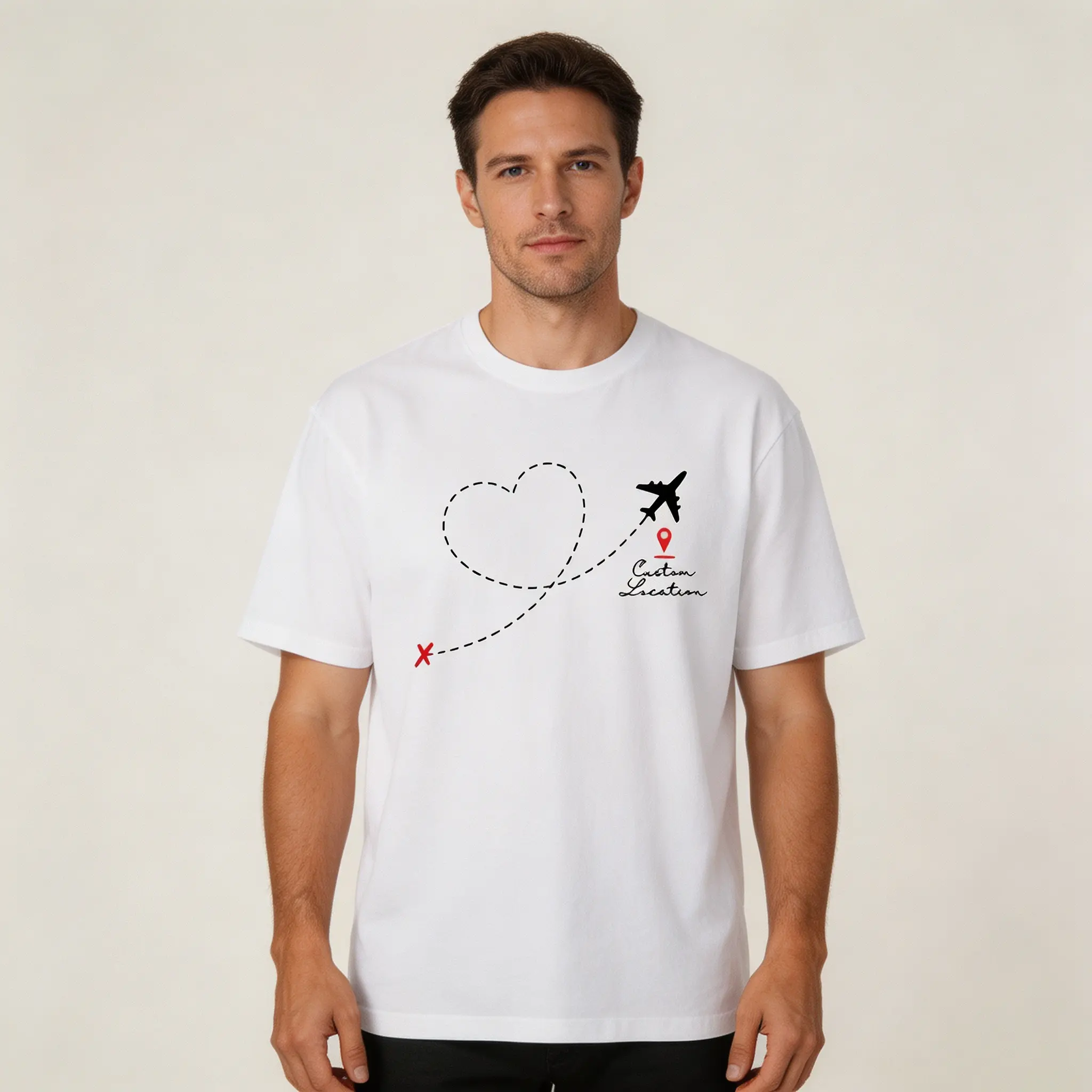 Casual Heart and Airplane Graphic Print, Short Sleeve Crew Neck Casual Top for Summer & Spring, Women's Clothing