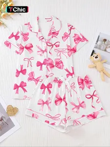 【Valentine's Day】Women's Spring Summer Sleepwear Set Pajamas, Elegant Floral Bow Design, Comfortable Shirt Collar Top & Elastic Shorts, Perfect Valentine's Gift