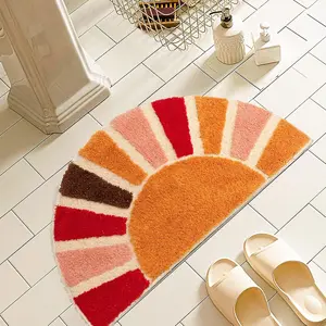 Boho Bathroom Rugs Half Circle Bath Mat Cute Bohemian Bath Rug for Bedroom Large Carpet Home Decor Non-Slip Semi Round Shower Rug Funny Washable Indoor Floor Door Mat Sun Retro 20x37inch
