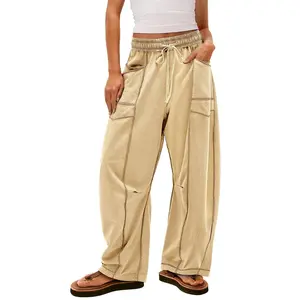 MaLinfandor Womens Baggy Barrel Pants Wide Leg Lounge Drawstring Sweatpants with Pockets