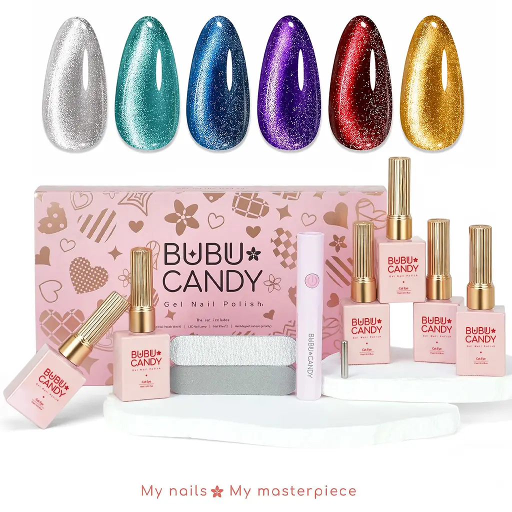 Exclusive to milymanny BUBU CANDY Persian Queen Glitter Cat Eye Gel Nail Polish Set, 6PCS 15ML UV Gel with LED Lamp, Soak Off Gel for Home Nail Art #