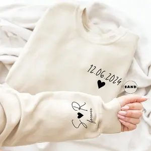 Personalized Date Sweatshirt With Initials On Sleeve, Custom Couple Hoodie, Anniversaries Outfit, Matching Valentines Clothing, Wedding Gift