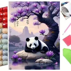 Serene Panda with Purple Magnolia Blossoms 5D Full Drill Diamond Painting Kit – Peaceful Nature Scene with Lavender Flowers & Lake View – Spiritual Wildlife Art DIY Wall Decor – Ideal Gift for Panda Lovers & Craft Enthusiasts