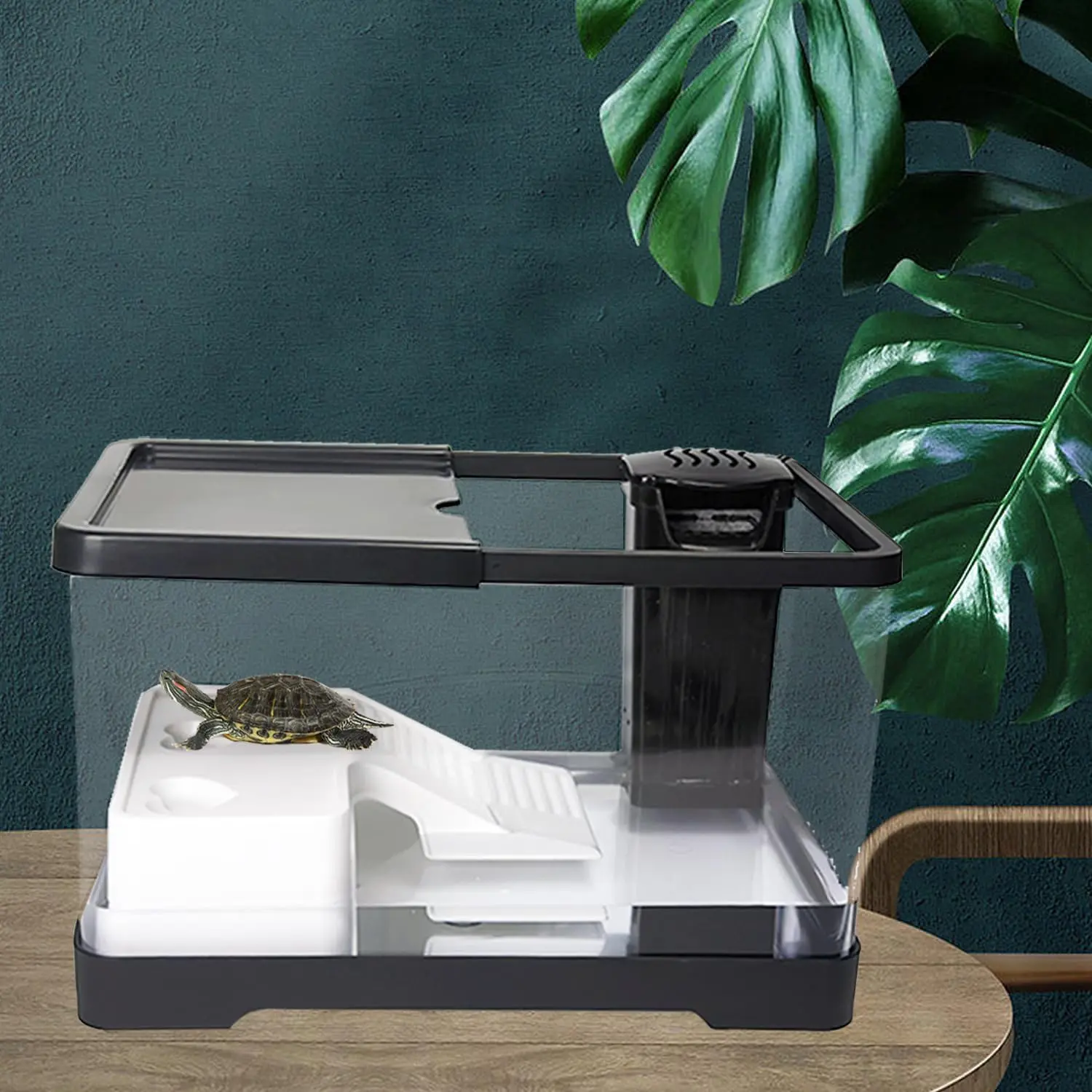 Abs Aquarium Kit, Upgraded Turtle Tank Starter Kit with 360° Panoramic View, Bottom Drainage Hole, Filter, Fish Net, Adjustable UV Lamp, Lid, Climbing Zone, Bask Platform for Reptiles, Crabs