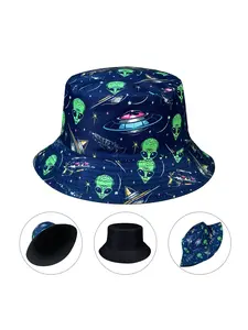 New alien patterned fisherman hat, lightweight and foldable, easy to store, double-sided wearable, fashionable basin hat, versatile bucket hat for all seasons, suitable for casual wear and themed parties