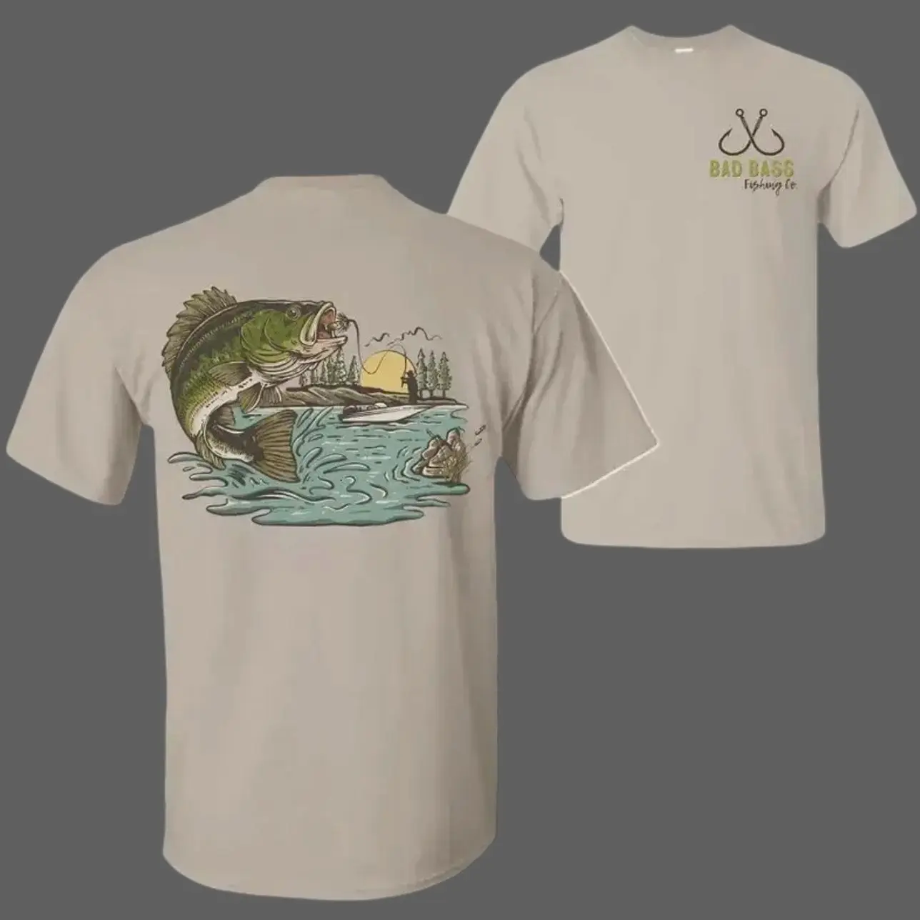 Bad Bass Fishing Co T-Shirt, Bass Fishing Graphic Tee for Men, Large Mouth Bass Lake Design Shirt, Fisherman Gift Idea, Outdoor Fishing Apparel, Lake Life Shirt Unisex Casual Top - KitchenEra