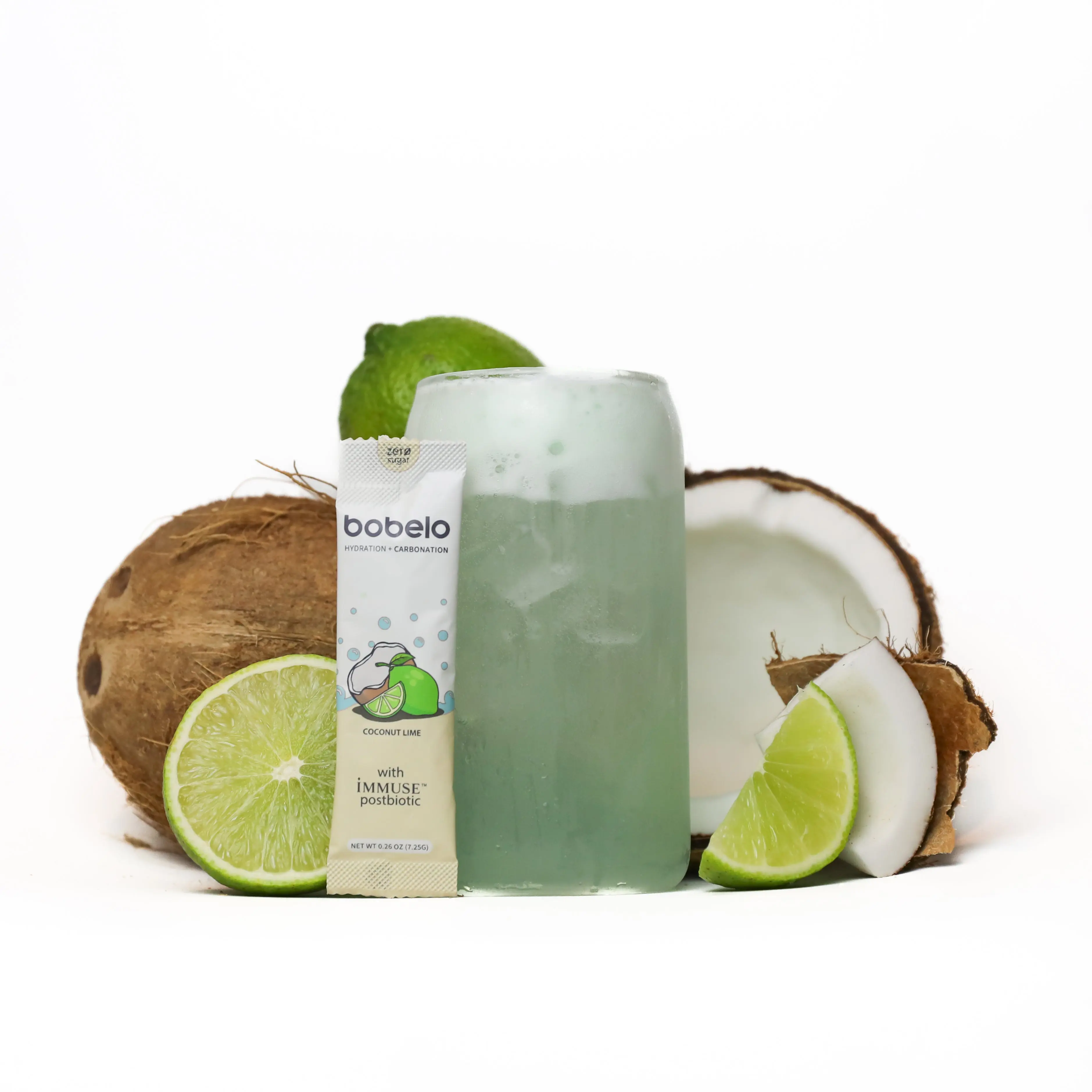 Bobelo Postbiotic Immunity Coconut Lime | Zero Sugar Fizz + Self-Carbonating Hydration Powder Drink Mix 32 Packets