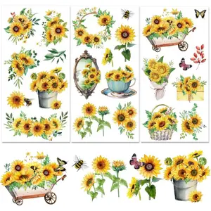 3 Sheets Sunflower Rub on Transfer Waterproof Furniture Transfers Decals Summer Flower Farmhouse Rub on Decals 6 x 12 Butterfly Transfer Stickers for Wood Door Cabinet Craft Home Decor