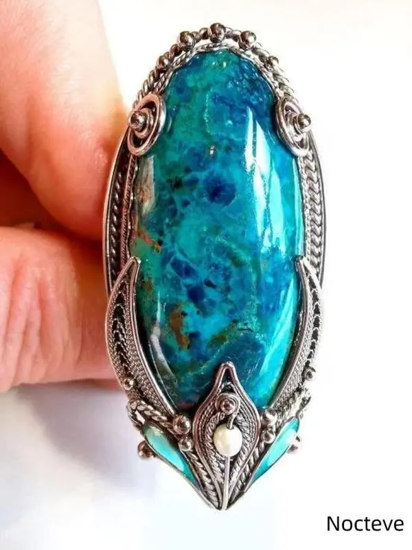Women’s Vintage Ethnic Simulated Turquoise Base Alloy Statement Ring, Tribal Carved Boho Southwest Jewelry Daily Stack & Feminine Ethnic Lady Gift Wear
