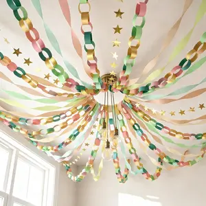 AnyDesign Sage Green Party Decoration Set 600 Sheets Pink Green Brown Colored Crepe Streamer Paper Chains Strips Card Paper Star Hanging Banner Garland for Wedding Birthday Baby Shower