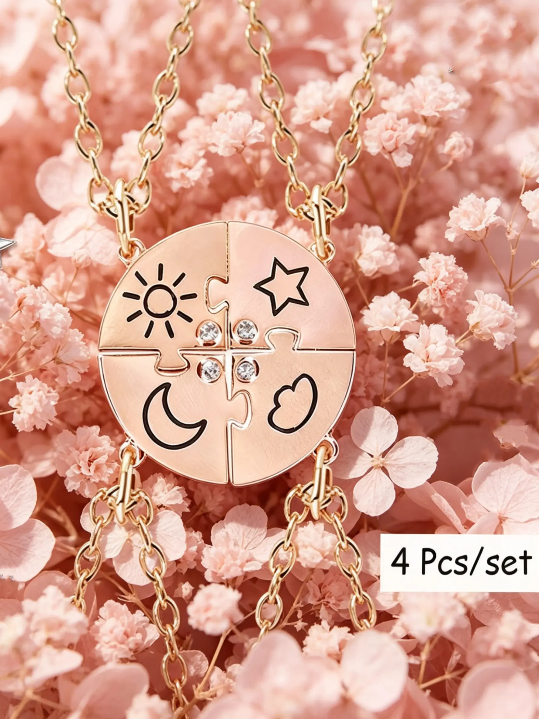 "Sun, Moon, Stars, and Clouds" 4-Piece Matching Celestial Necklace Set, Jewelry Gift, Magnetic Puzzle Friendship Necklaces, Minimalist Alloy Necklace, Family Pendant Necklace, Best Friend & Sister Jewelry, Custom-Personalized 4-Person Puzzle Gift