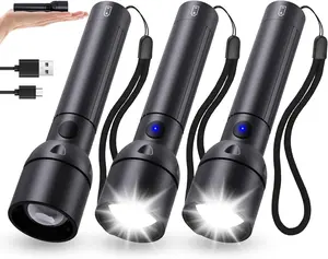 Small Powerful Flashlight Rechargeable High Lumens 3Packs-800L Pocket Bright Flash Light with 12H Long Life,5 Modes,Zoomable, USB C LED Tactical Flashlights for Home Emergency Camping Outdoor Rescue