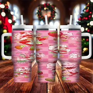 1pc 40oz Large Capacity 304 Stainless Steel Insulated Water Bottle | Classic Strawberry Shortcake Print | Insulated Coffee Cup for Hot & Cold Drinks, Straw with Handle Vacuum Insulated Tumbler