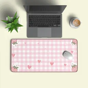 Pink Gingham Strawberry Desk Mat, Kawaii Cottagecore Mouse Pad, Pastel Office Decor