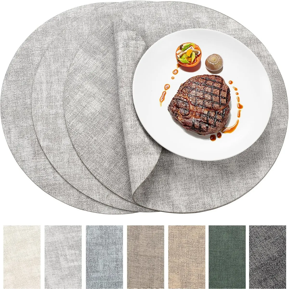 Round Faux Leather Placemats Set of 4,100% Waterproof and Heat Resistant Table Mats,Anti Slip Wipeable Washable Vinyl Place Mats,Easy Care Table Mats Suitable for Indoor & Outdoor Use