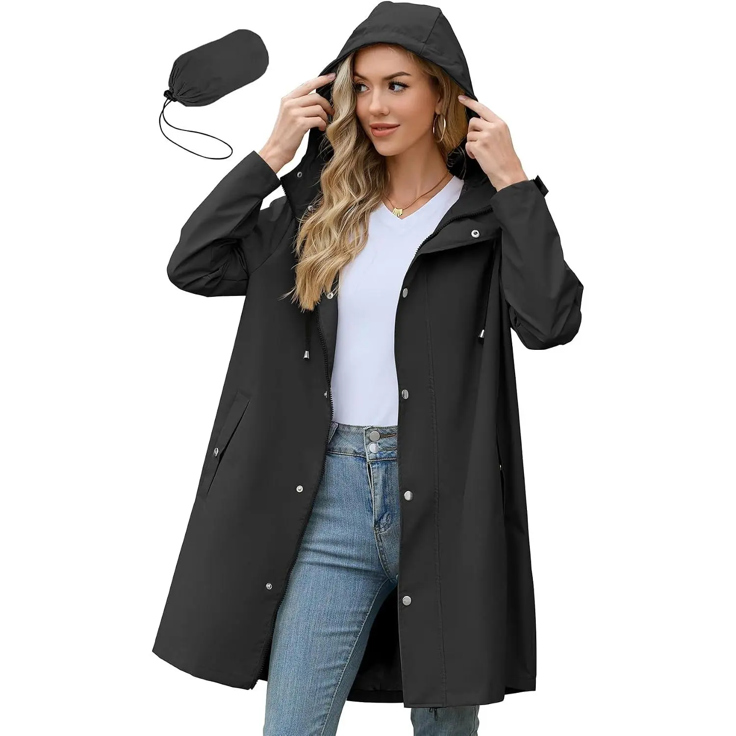 Long Packable Rain Jacket Women Waterproof Raincoat with Hood