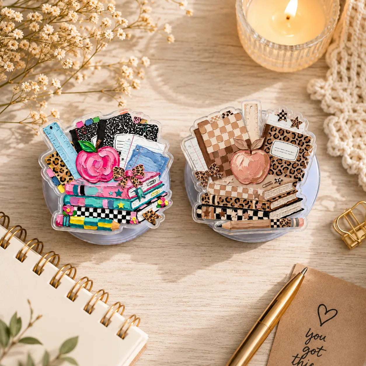 Book Stack Magnetic Phone Grip, Cute School Supplies MagSafe Phone Holder, Pink Floral Notebook Kindle Grip Stand, Teacher Student Gift