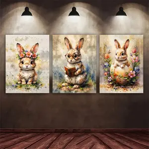 3pcs/Set Wooden Framed, Watercolor Cute Flower Crown Bunny Print Poster, Easter Cute Bunny Reading Wall Art, Easter Bunny in Egg Art Pictures, Ideal For Bathroom, Bedroom, Office, Living Room, Modern Home Decoration, Perfect Gift Idea