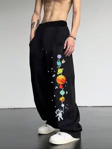 Men's Casual Loose-Fit Sweatpants, Cartoon Astronaut Planet Print Drawstring Wide Leg Pants, All-Season Comfortable Men's Clothing