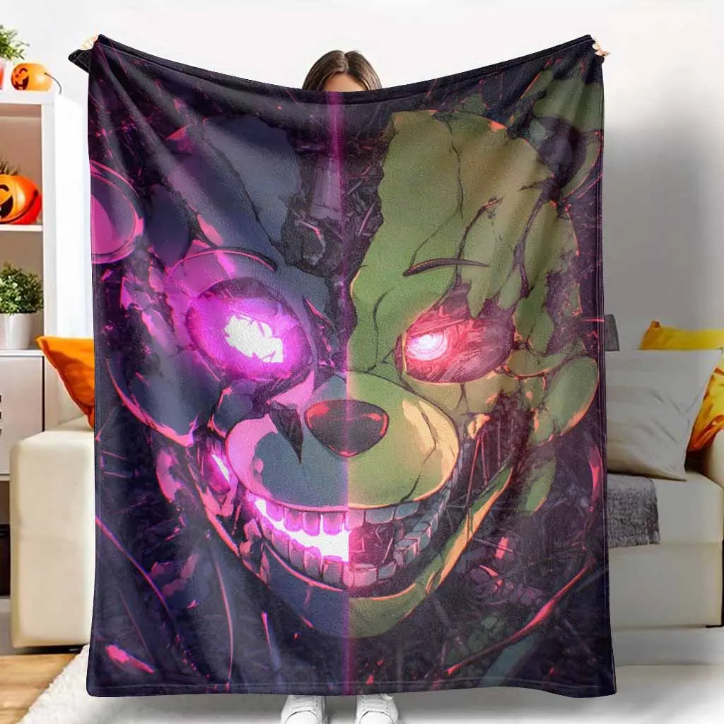 Cyberpunk Bear Face Flannel Blanket - 32*48 inches, Neon Mechanical Art Print, Soft, Warm, Durable, Breathable, Lightweight Decorative Throw for Bedroom, Business Trips, Daily Office Life, Ideal Gift Collection Display, Machine Wash