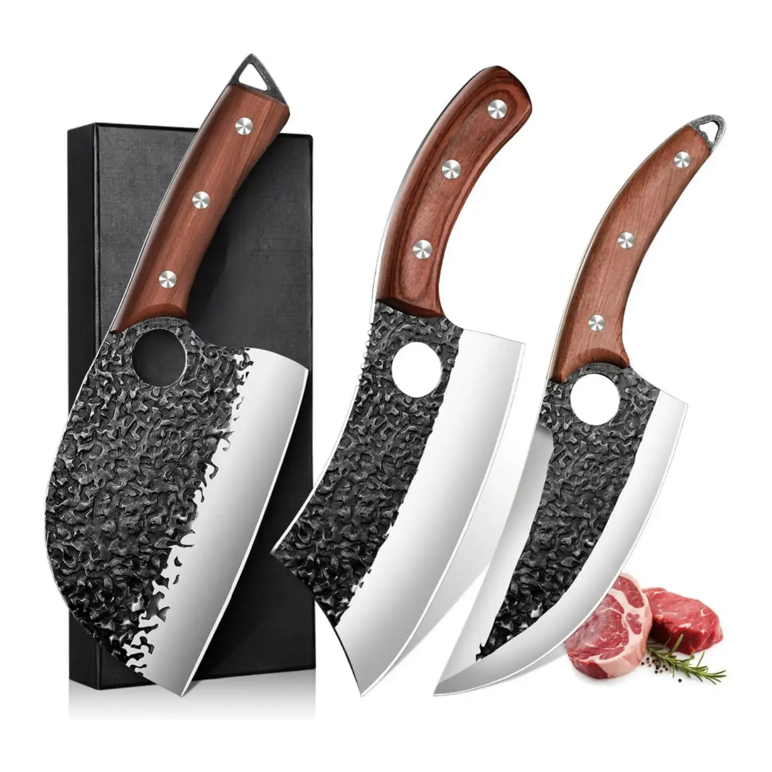 Professional Butcher Knife Set for Meat Processing, 3Pcs High Carbon Steel Hand Forged Serbian Cleaver Chef Knife Set with Ergonomic Handles for Kitchen Outdoor Cooking