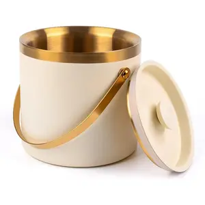 3L beige white Double Wall Insulated Stainless Steel Ice Bucket with scoop for  Bar,Metal Ice Bucket for freezer with Lid for parties.ice Container to Keep Ice Colder,bar cart accessories
