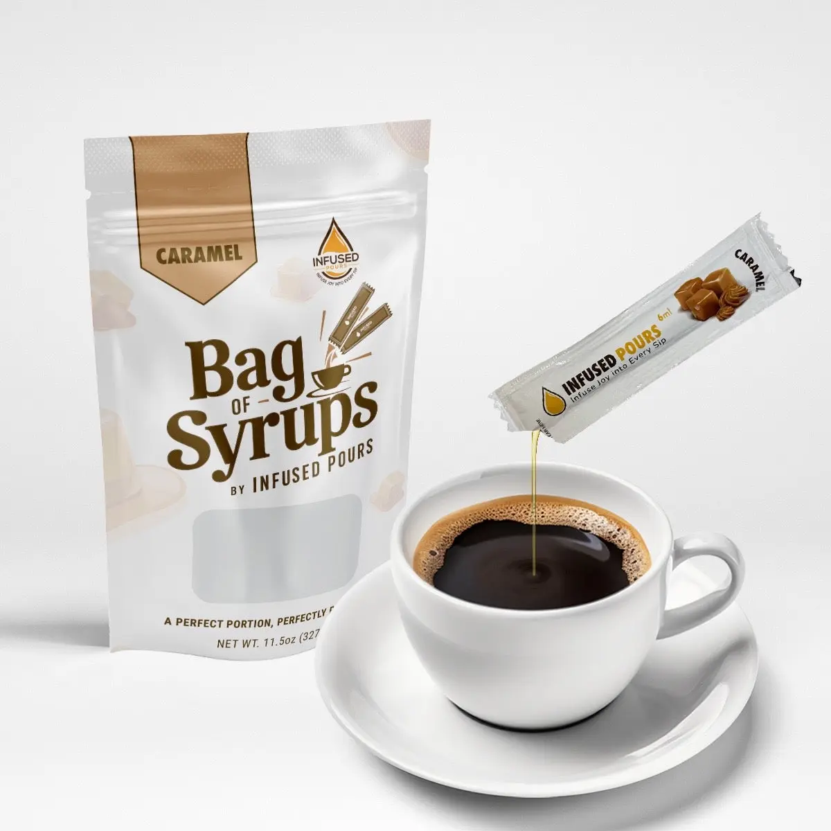 Single Serving Caramel Syrup Packets for Coffee and Cocktails - 6mL Each, 30 Count - Bag of Syrups by Infused Pours