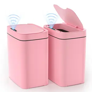 2.7 Gal Bathroom Trash Can with Lid, Automatic Trash Can Small Smart Garbage Can Touchless, Slim Motion Sensor Waterproof Plastic Trash Bins for Bedroom Office Kitchen Toilet Pink 2 Pack