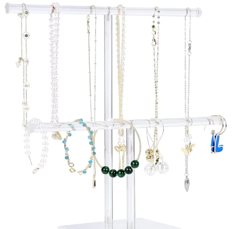 Acrylic Jewelry Stand, 2-Tier Necklace Holder, Jewelry Display Holder | Clear Bracelet Hanging Organizer, Tower Stand for Bangles, Necklaces, Bracelets, Rings, Earrings and Watch