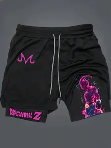 Dragoon Ball Majin Buu Print 2-In-1 Drawstring Waist Shorts, Quick-Dry Swim Trunks, Loose Fit with Pockets, Lightweight Shorts, Ideal for Summer & Workout, Casual Athletic Shorts, Streetwear Sports Shorts