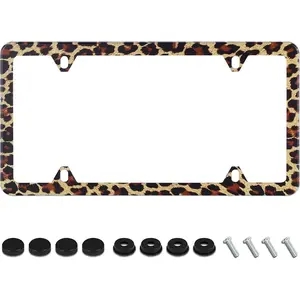 Brown Leopard Print License Plate Frame Cheetah Animal License Plate Holder Stainless Steel Auto Parts Decoration with Screws for Men Women License Plate 4 Holes 1pcs