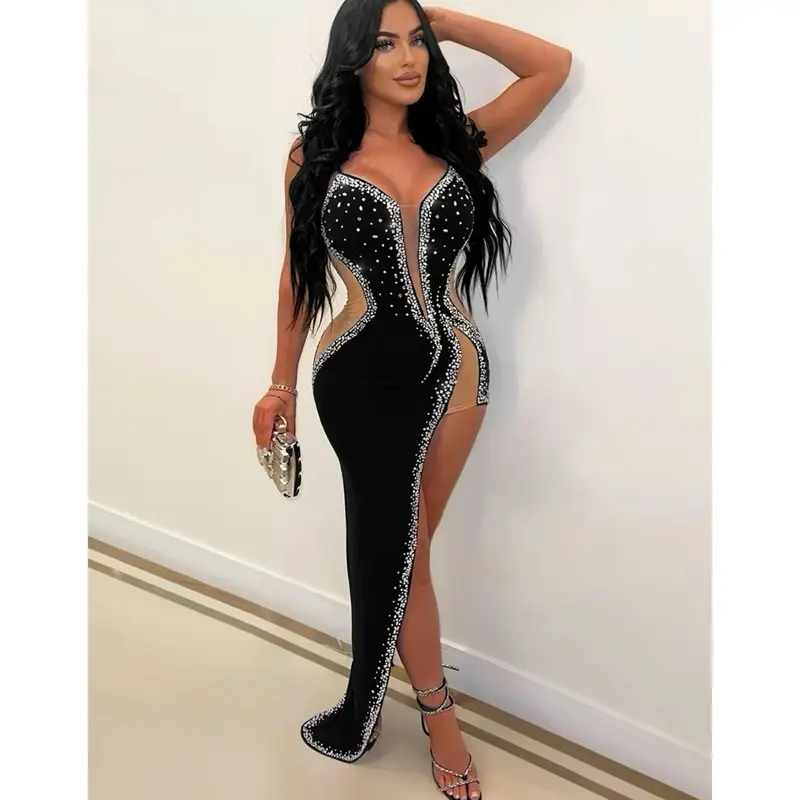 Women's Glamorous Evening Dress - Sexy Formal Party Gown with Sequin Detailing, Machine Washable, Perfect for Gala, Nightclub & Wedding Events