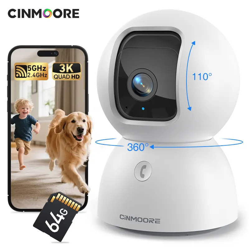 CINMOORE 5PM/3K Indoor Home Security Camera with 64GB Storage Card, 2.4GHz & 5GHz Wi-Fi, 360° Pan-Tilt, AI Motion Sensor, 2-Way Audio, Night Vision, High-Resolution Monitoring Recording camera security cameras for home security cameras for home