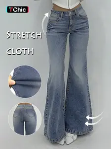 GILIPUR Y2K Women's High-Stretch Loose Streetwear Big Flared Vintage Wash Jeans, High Waisted Flare Jeans, Starched Jeans, Mom Jeans, Bell-Bottomed, Button Denim Trousers, Pants, For All Seasons And All Occasions, Kardashian Style