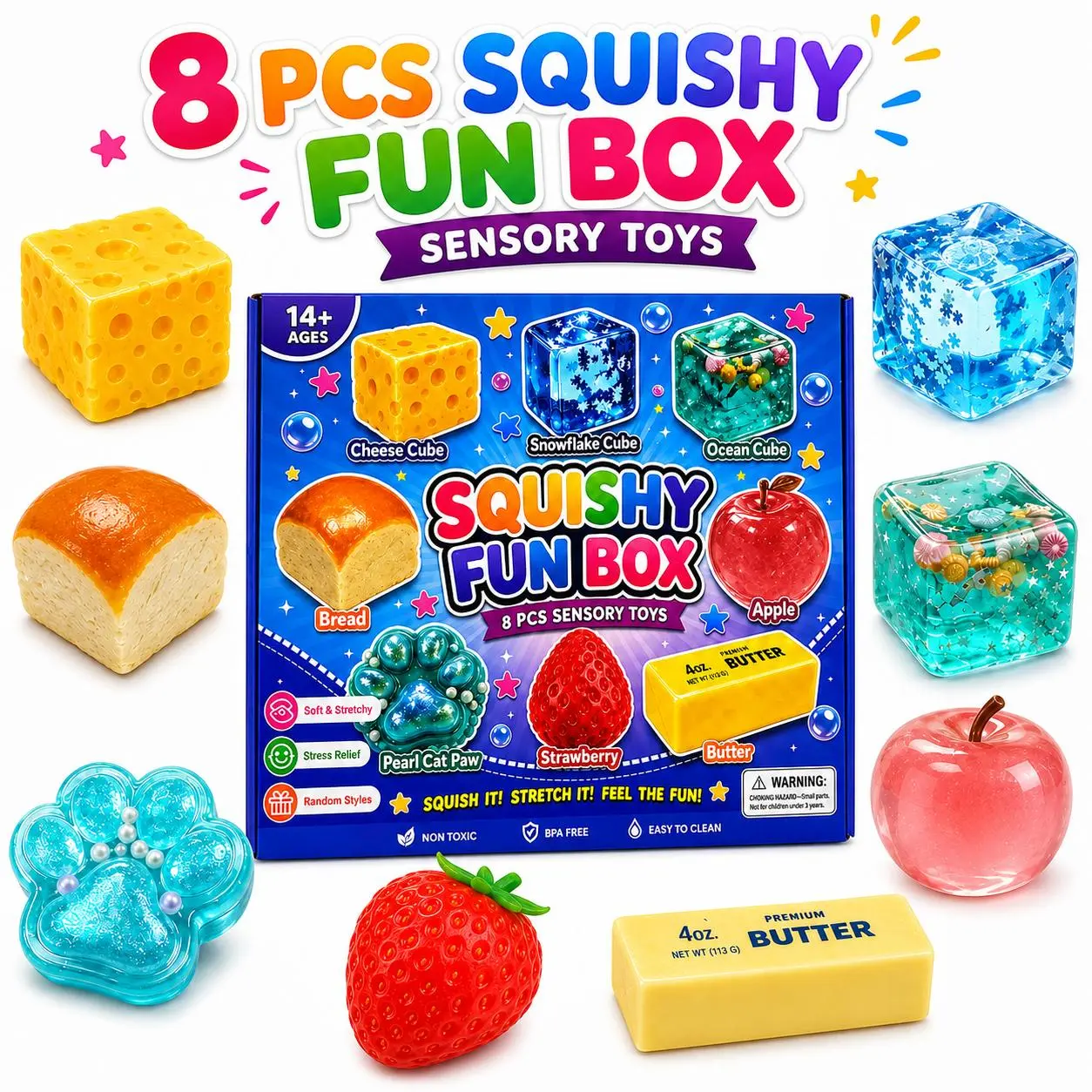 8-Pack Slow Rising Malt Sugar Anxiety Squishy Toys Set, Sensory Fidget Stress Relief Toy Bundle with 8 Different Styles, Party Favors & Gifts, Anxiety Squishies