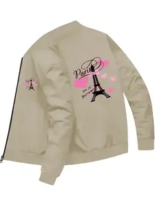 Stylish Minimalist Women's Paris Eiffel Tower Heart Printed Bomber Jacket for Daily Casual Trendy Outfits