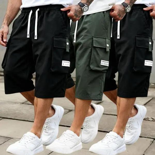 Men's Summer Casual Cargo Shorts - Elastic Drawstring Waist, Multiple Pockets & Letter Patch Design, Regular Fit Mid-Rise Non-Stretch Fabric for Daily Wear & Leisure Activities, Nontransparent Fabric