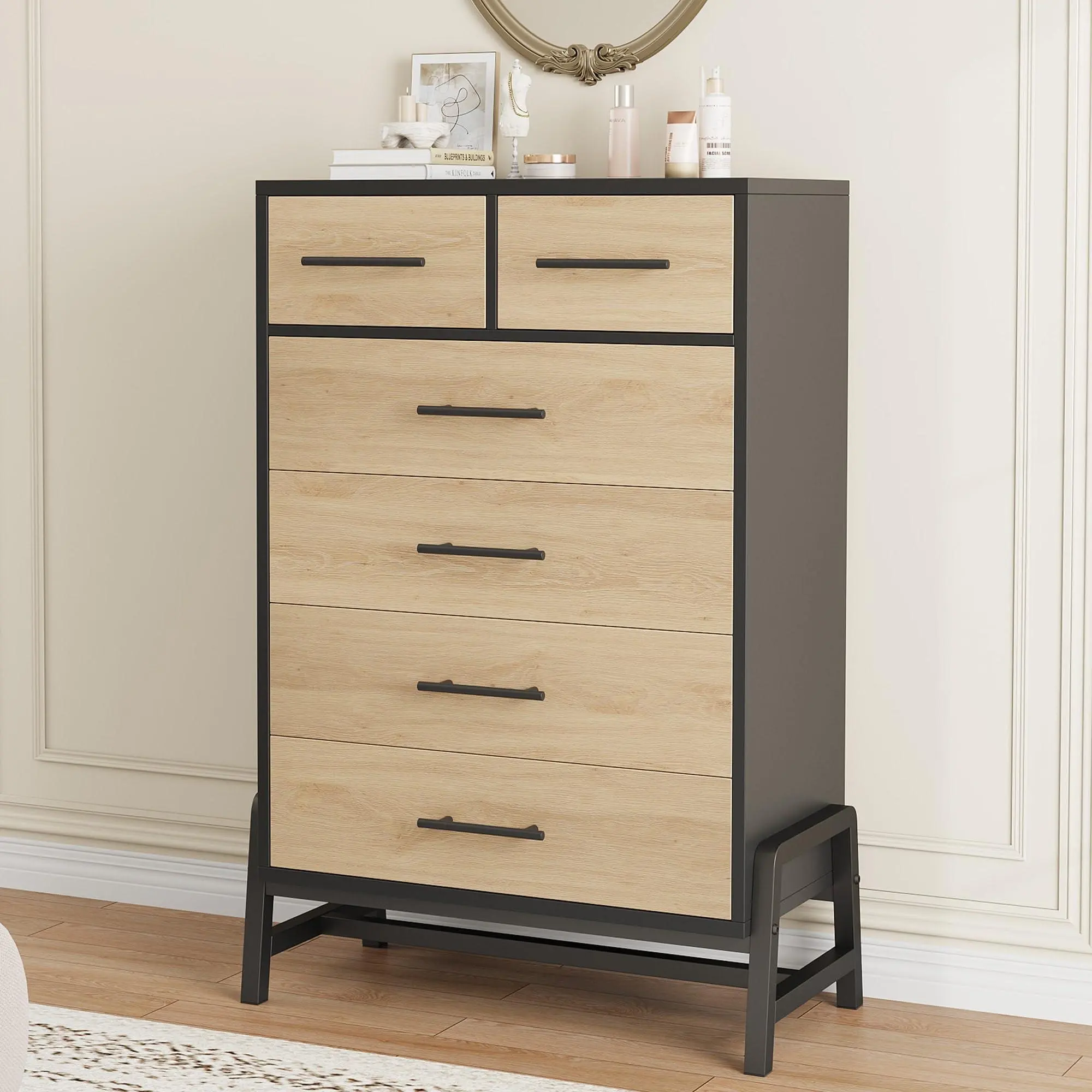 Garvee 4+2 Drawer MDF Wood Dresser - 46.6in Wide Freestanding Bedroom Chest with Deep Drawers, Legged Base, Large Storage, Easy Setup, Modern Home Decor (Natural Oak + Black)