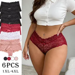 6PCS Solid Color Sexy Lace Hollow Out Bow Women’s Panties, Skin-Friendly & Breathable, Everyday Plus Size Triangle Briefs