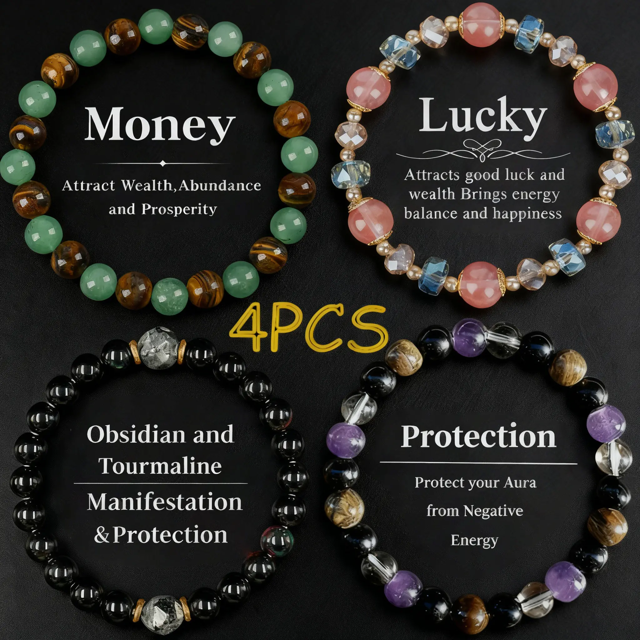 Crystal Beaded Bracelets for Women and Men - Tiger Eye, Obsidian, Black Tourmaline Jewelry for Banquet Party - Money Attraction, Good Luck, Protection Bracelet Encouragement Gift for Her couple bracelet Daily Wear summerwins FathersDayGift