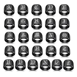 Retro Fashion Hip-hop Style 26 Uppercase A-Z Letters Black Square Stainless Steel Men's Ring Suitable for Daily Wear Accessories