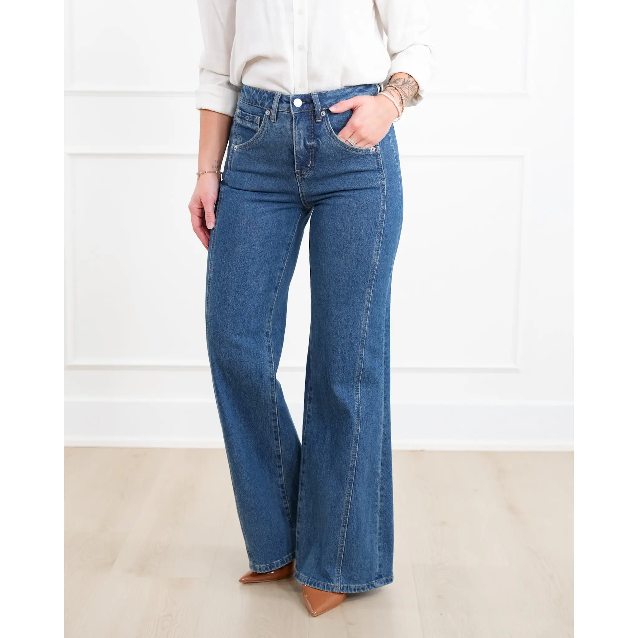Mica High Rise Dark Wash Tummy Control Side Panel Wide Leg Jeans