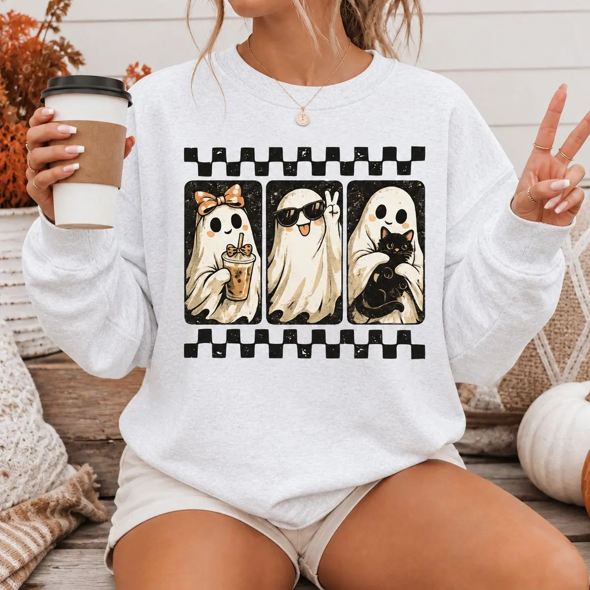Cute Ghost Friends Halloween Sweatshirt, Cute Boo Halloween Graphic Pullover Sweater, Spooky Halloween Shirt For Women, Unisex Long Sleeve Crewneck Shirt